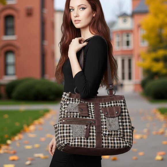 Y2K Brown Tweed Shoulder Bag Large Canvas Academia Fall Autumn Downtown Girl - Picture 2 of 13